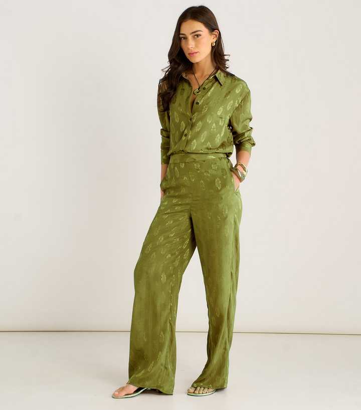 Gini London Light Khaki Floral Satin Jacquard Trousers