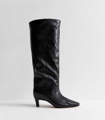 Black Faux Leather Slouchy Pointed Toe Knee High Boots