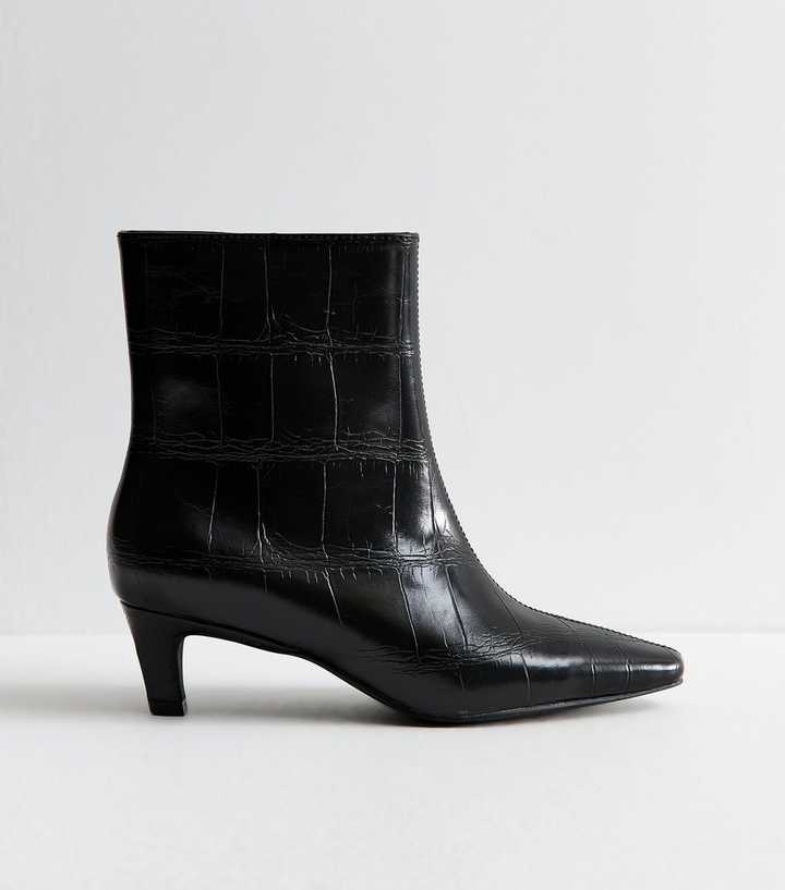 Black Crocodile Effect Faux Leather Ankle Boots