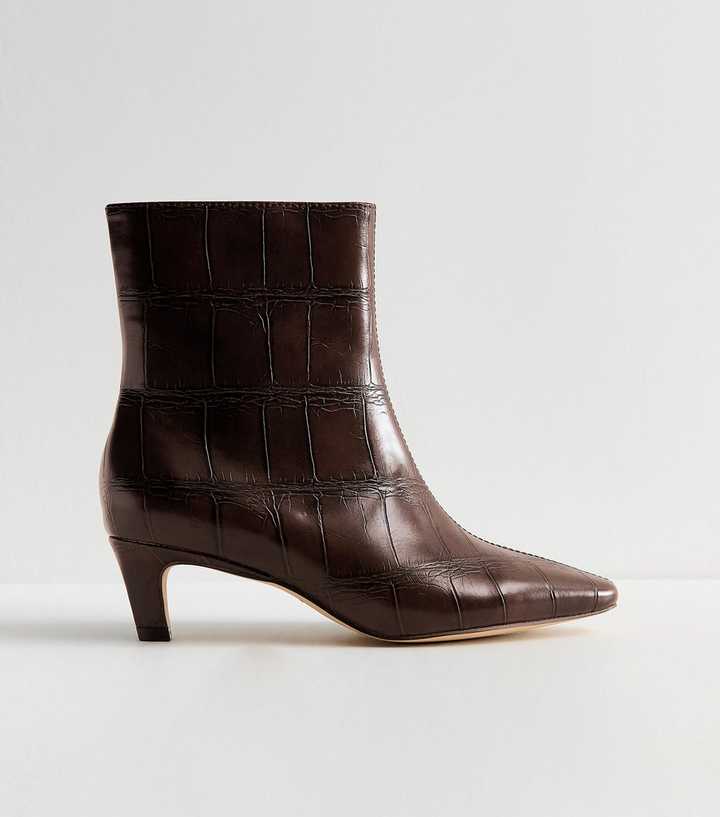 Brown Faux Leather Crocodile Effect Ankle Boots