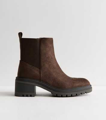 Wide Fit Dark Brown Faux Suede Chunky Sole Ankle Boots