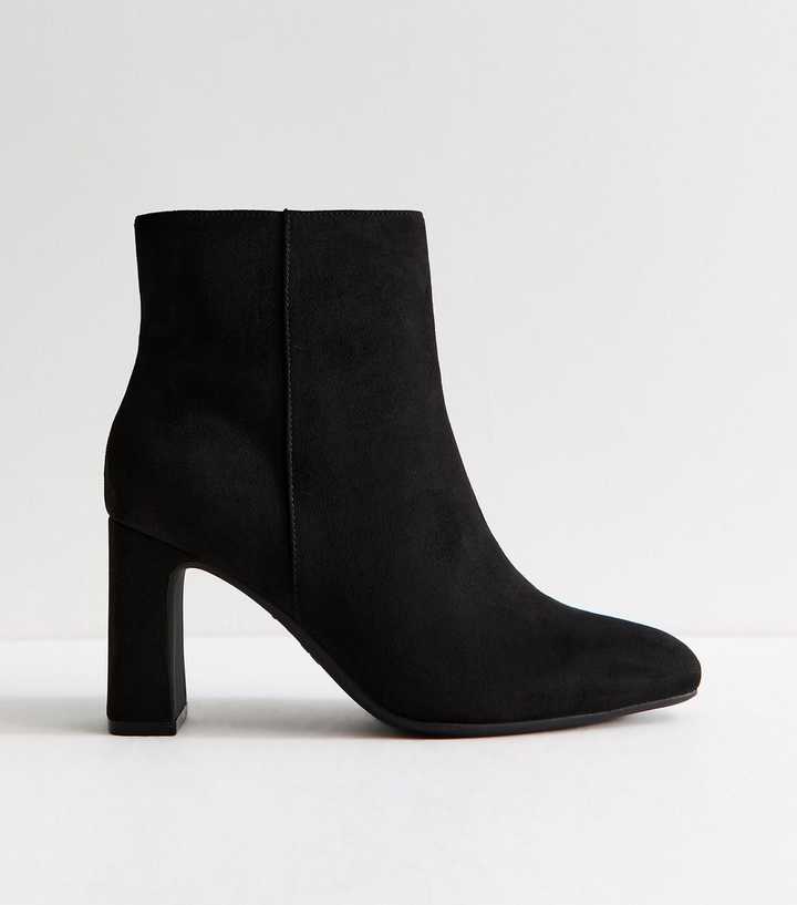 Wide Fit Black Faux Suede High Block Heel Ankle Boots