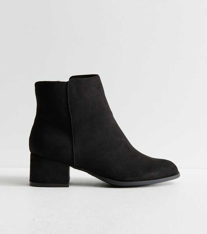 Wide Fit Black Faux Suede Block Heel Ankle Boots