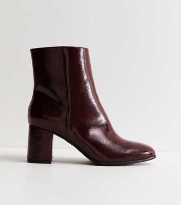 Wide Fit Dark Burgundy Patent Faux Leather Block Heel Ankle Boots