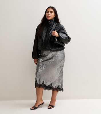 Curves Silver Foil Lace Trim Pencil Midi Skirt