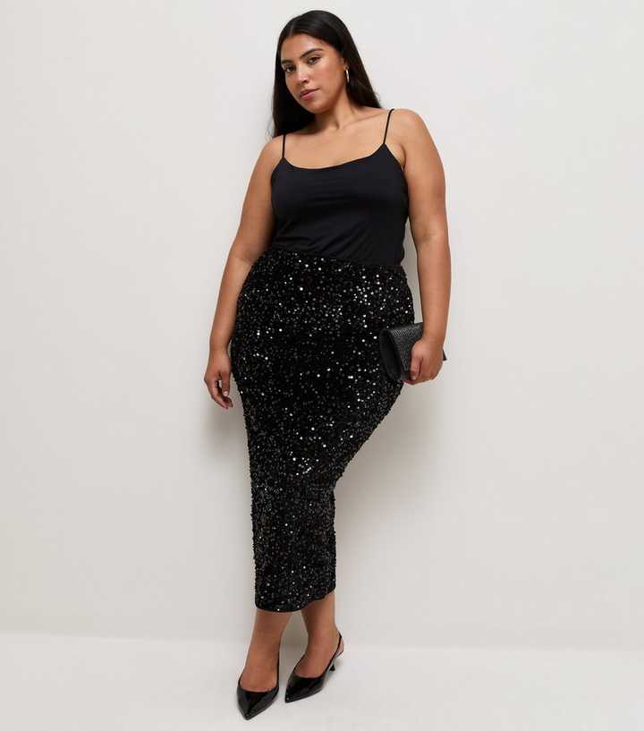 Curves Black Velvet Sequin Midi Pencil Skirt