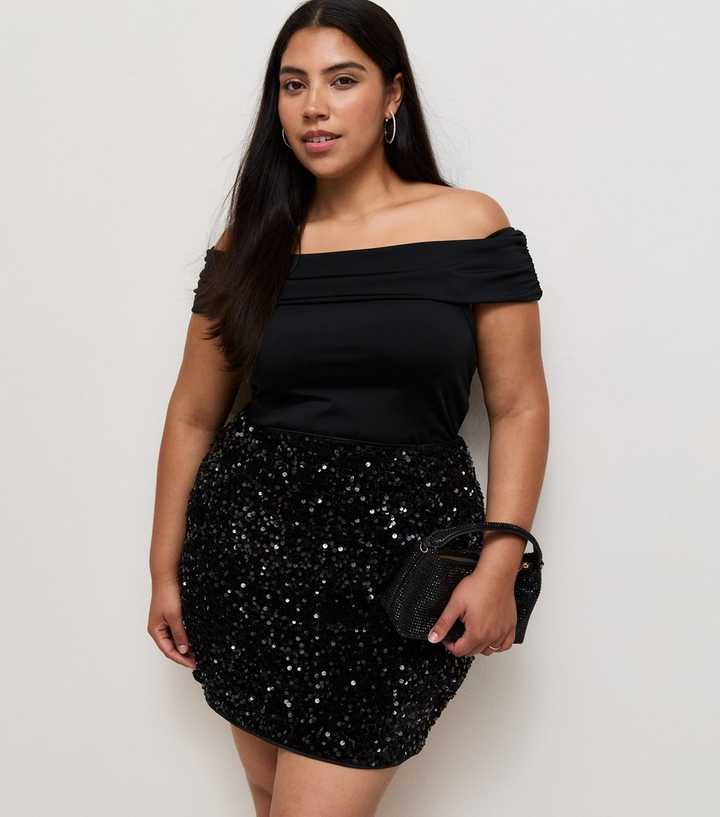 Curves Black Velvet Sequin Mini Skirt