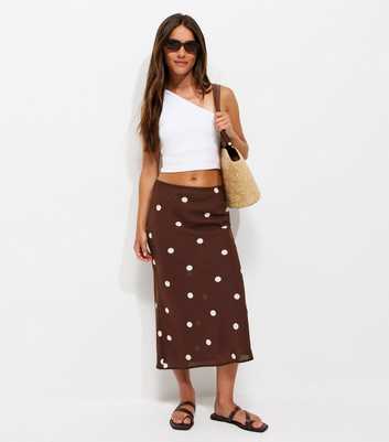Petite Brown Satin Spot Print Bias Cut Midi Skirt