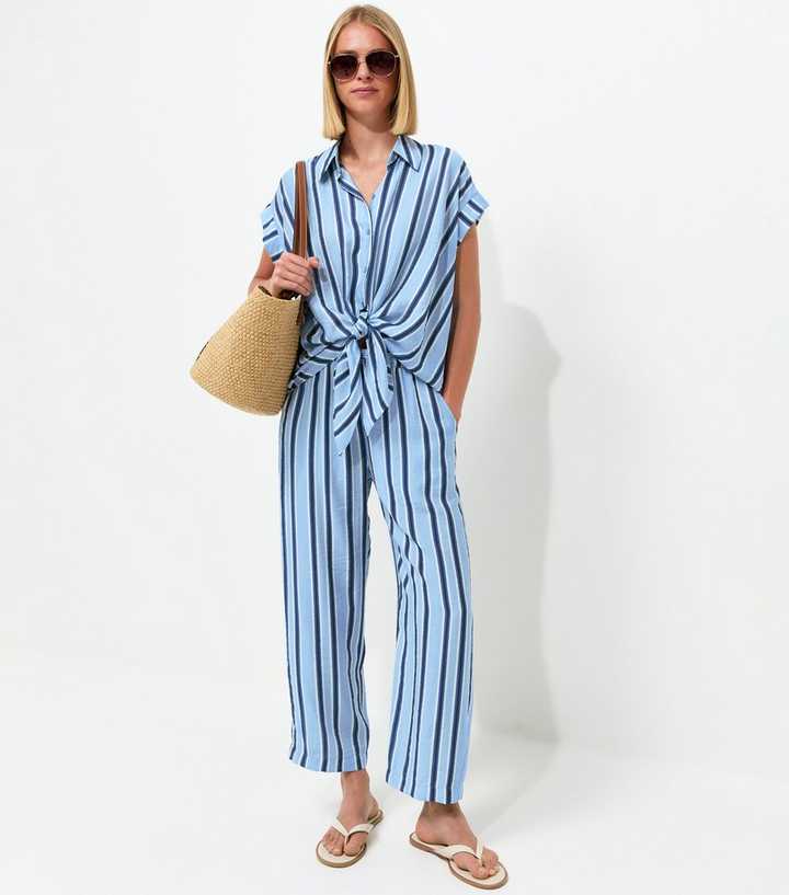 Blue Striped Tapered Trousers