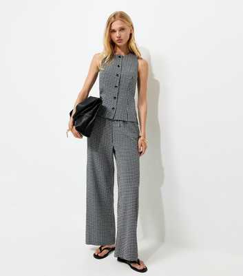 Black Gingham Print Wide Leg Drawstring Trousers