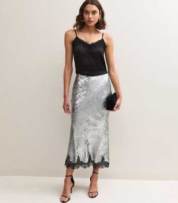 Tall Silver Foil Finish Lace Trim Midi Skirt