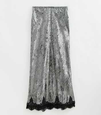 Tall Silver Foil Finish Lace Trim Midi Skirt