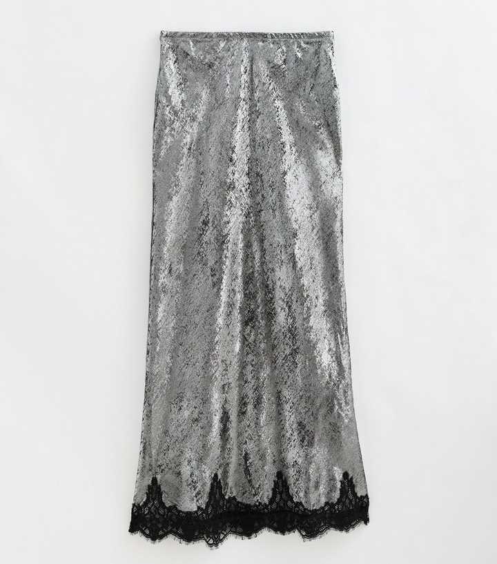 Tall Silver Foil Finish Lace Trim Midi Skirt