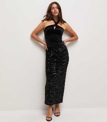 Petite Black Velvet Sequin Midi Pencil Skirt