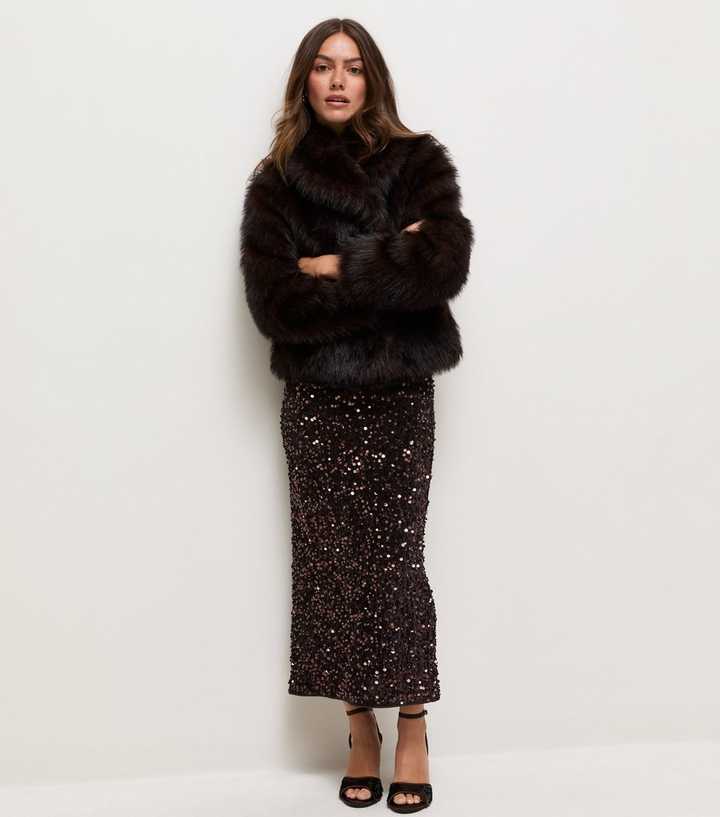 Petite Dark Brown Velvet Sequin Midi Pencil Skirt
