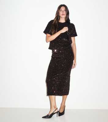 Dark Brown Sequin Pencil Midi Skirt
