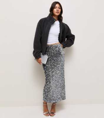 Silver Sequin Pencil Midi Skirt