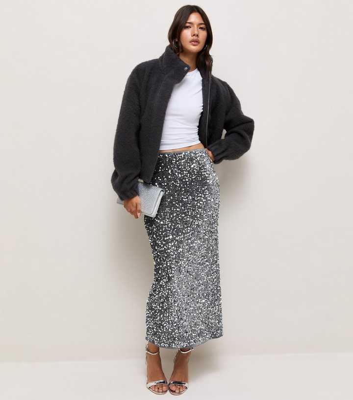 Silver Sequin Pencil Midi Skirt