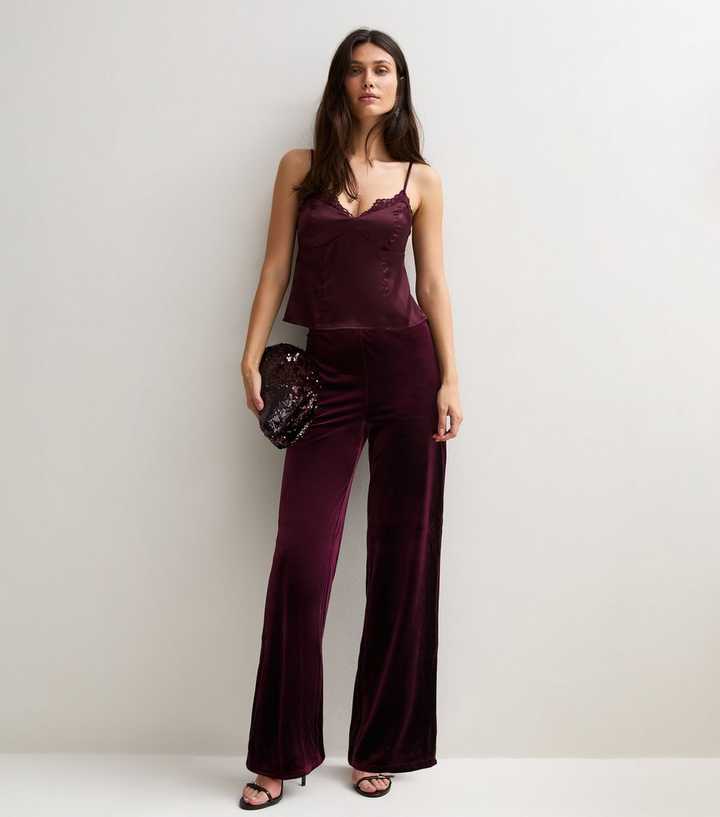 Dark Burgundy Velvet Wide Leg Trousers