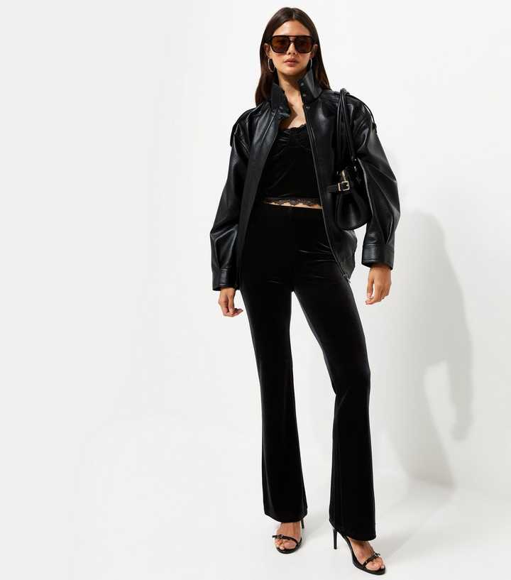 Black Jersey Velvet Flared Trousers