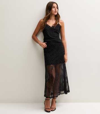 Black Floral Lace Gem Embellished Maxi Skirt