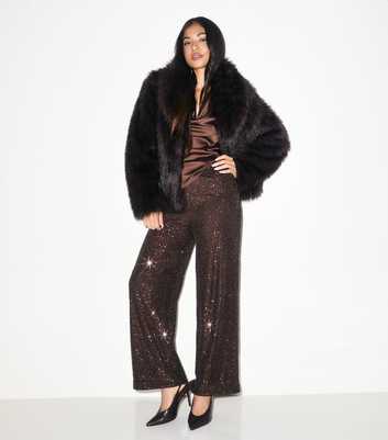 Petite Brown Sequin Wide Leg Trousers