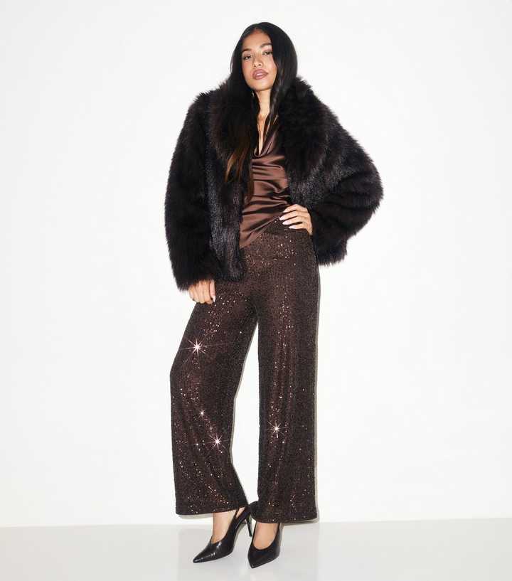 Petite Brown Sequin Wide Leg Trousers