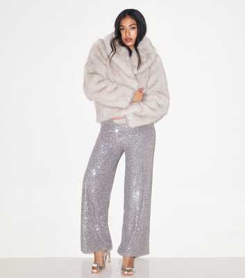 Petite Silver Sequin Wide Leg Trousers