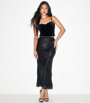 Petite Black Foil Lace Trim Midi Skirt