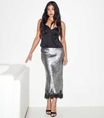 Petite Silver Foil Lace Trim Midi Skirt