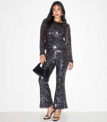 Petite Grey Mesh Sequin Flared Trousers
