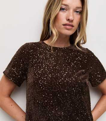 Dark Brown Velvet Sequin Lace Trim T-Shirt Dress