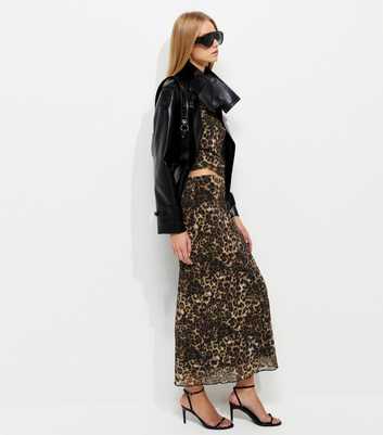 Brown Mesh Leopard Print Midi Skirt