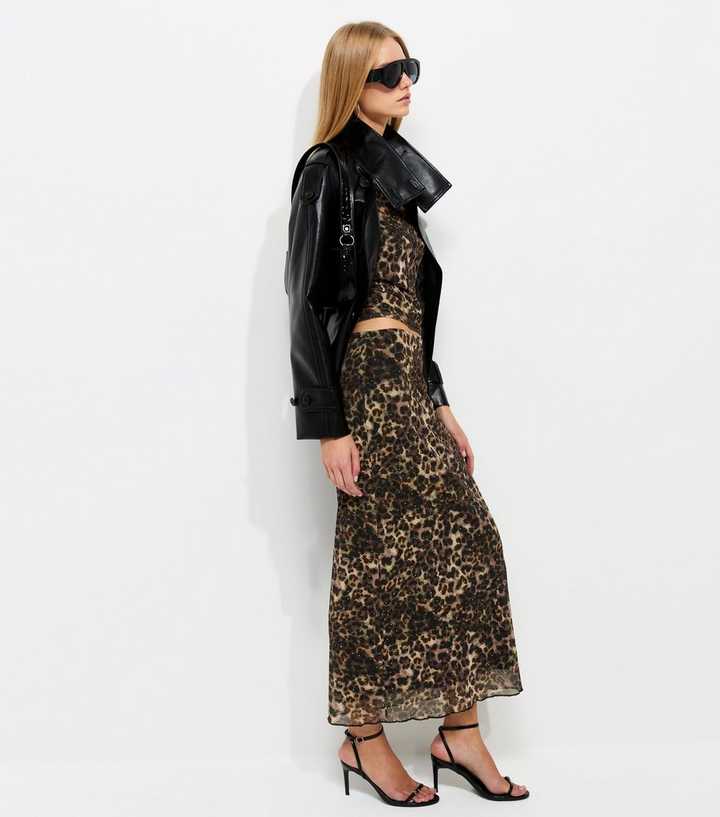 Brown Mesh Leopard Print Midi Skirt