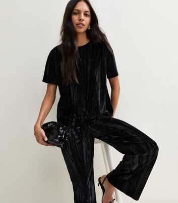 Black Crushed Velvet Wide Leg Trousers