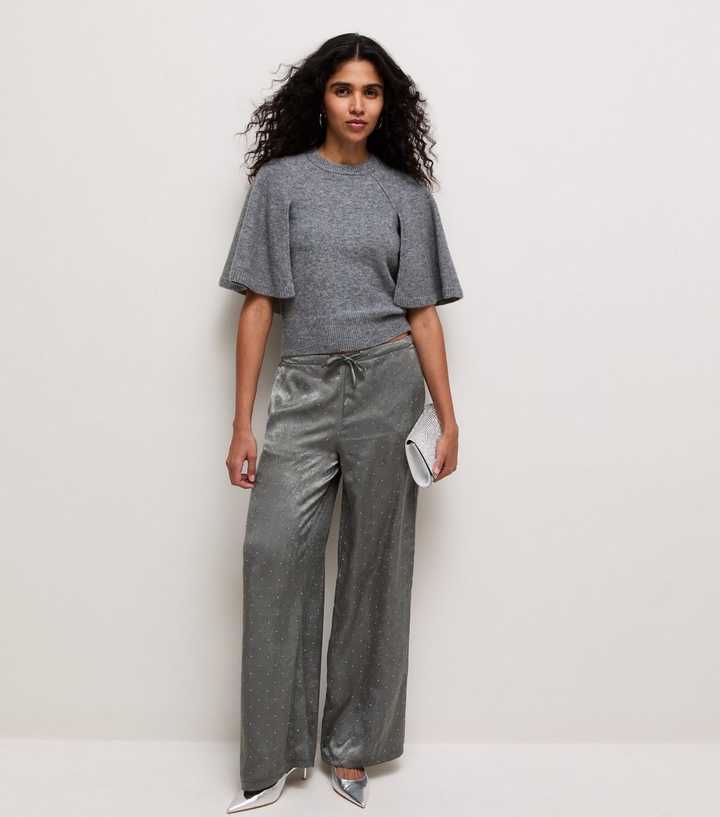 Dark Grey Diamanté Shimmery Wide Leg Trousers