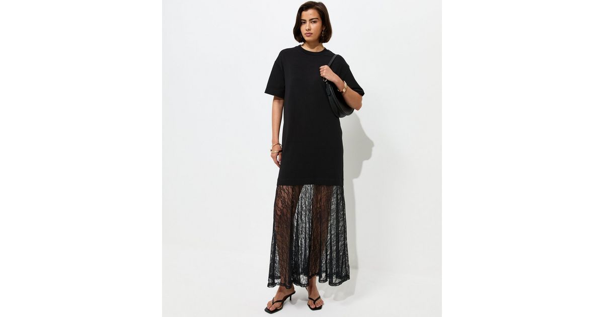 Black Lace Hem T-Shirt Midi Dress