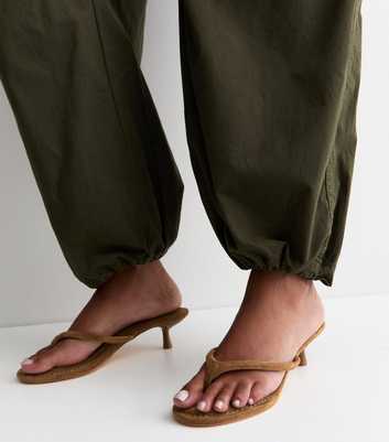 Tan Faux Suede Toe Post Kitten Heel Mules
