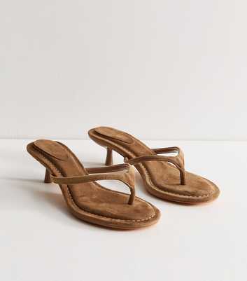 Tan Faux Suede Toe Post Kitten Heel Mules