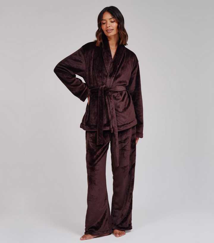 Loungeable Dark Brown Fleece Wrap Kimono Top