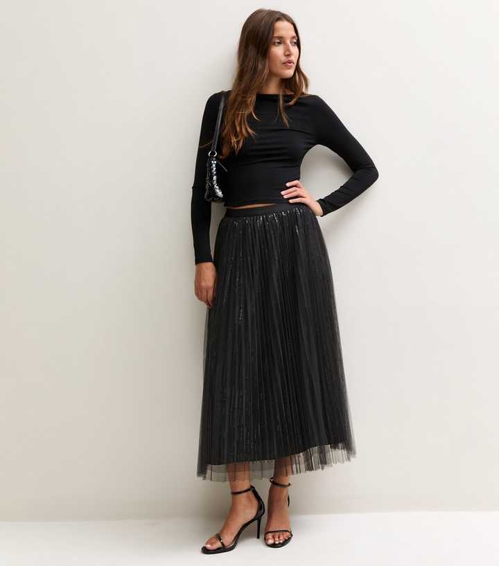 Black Sequin Tulle Midi Skirt
