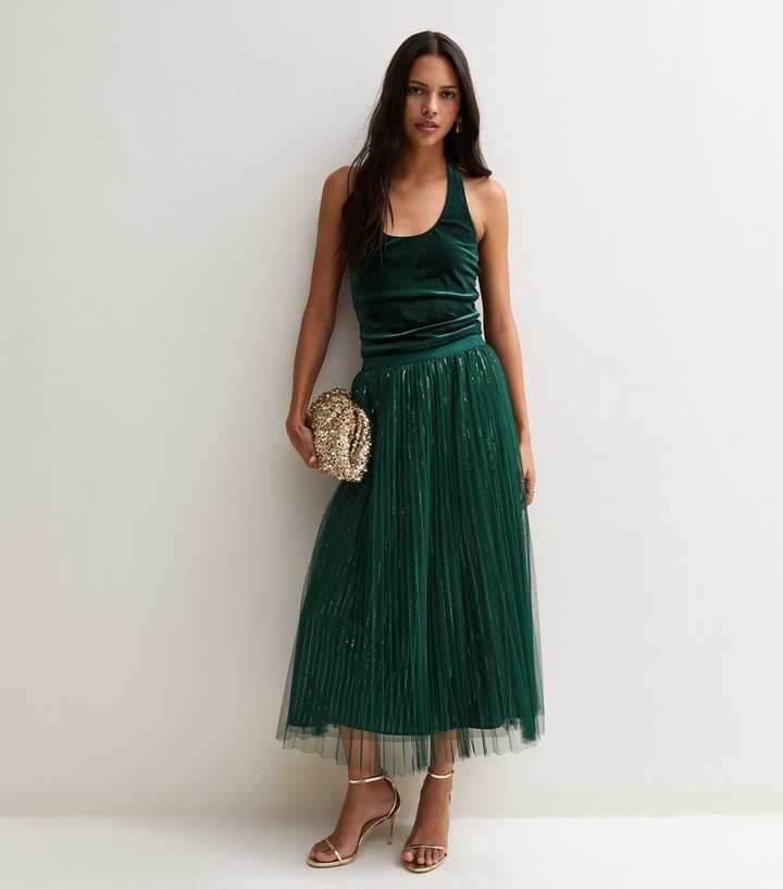 Dark Green Sequin Tulle Midi Skirt