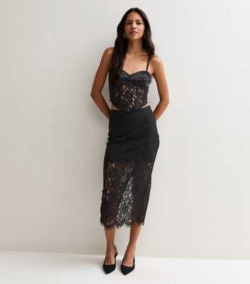Black Lace Midi Pencil Skirt with Cotton