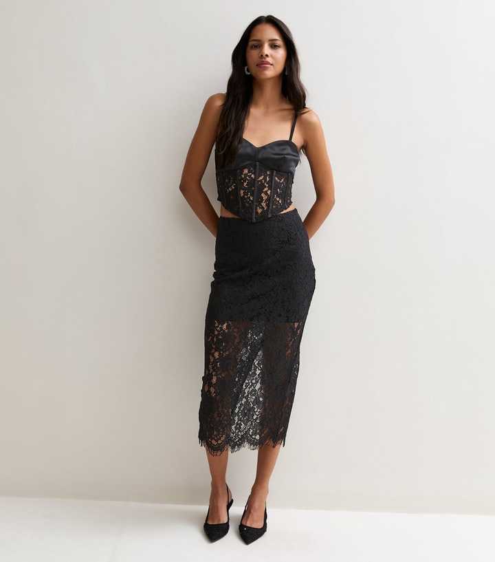 Black Lace Midi Pencil Skirt with Cotton
