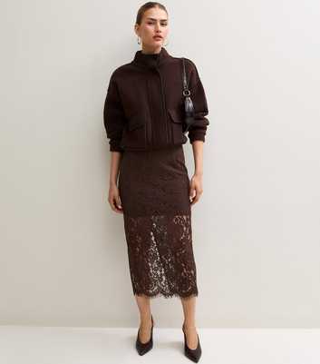 Dark Brown Lace Midi Pencil Skirt with Cotton