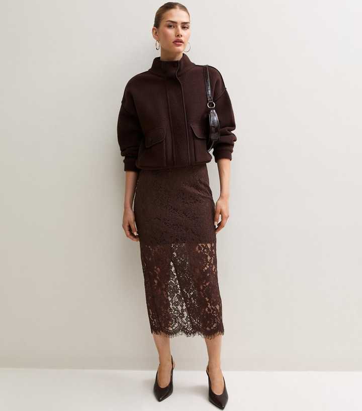 Dark Brown Lace Midi Pencil Skirt with Cotton