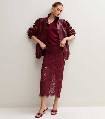 Dark Burgundy Lace Midi Pencil Skirt