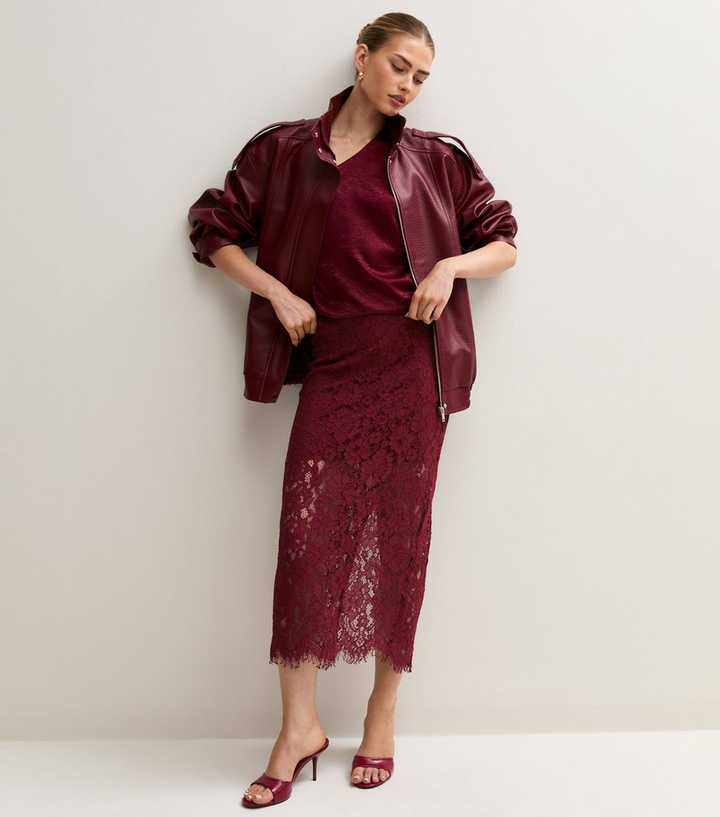 Dark Burgundy Lace Midi Pencil Skirt