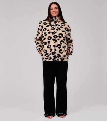 Loungeable Brown Leopard Print Borg Fleece Quarter Zip Jumper