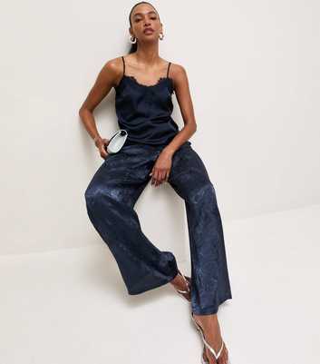 Navy Jacquard Satin Wide Leg Trousers